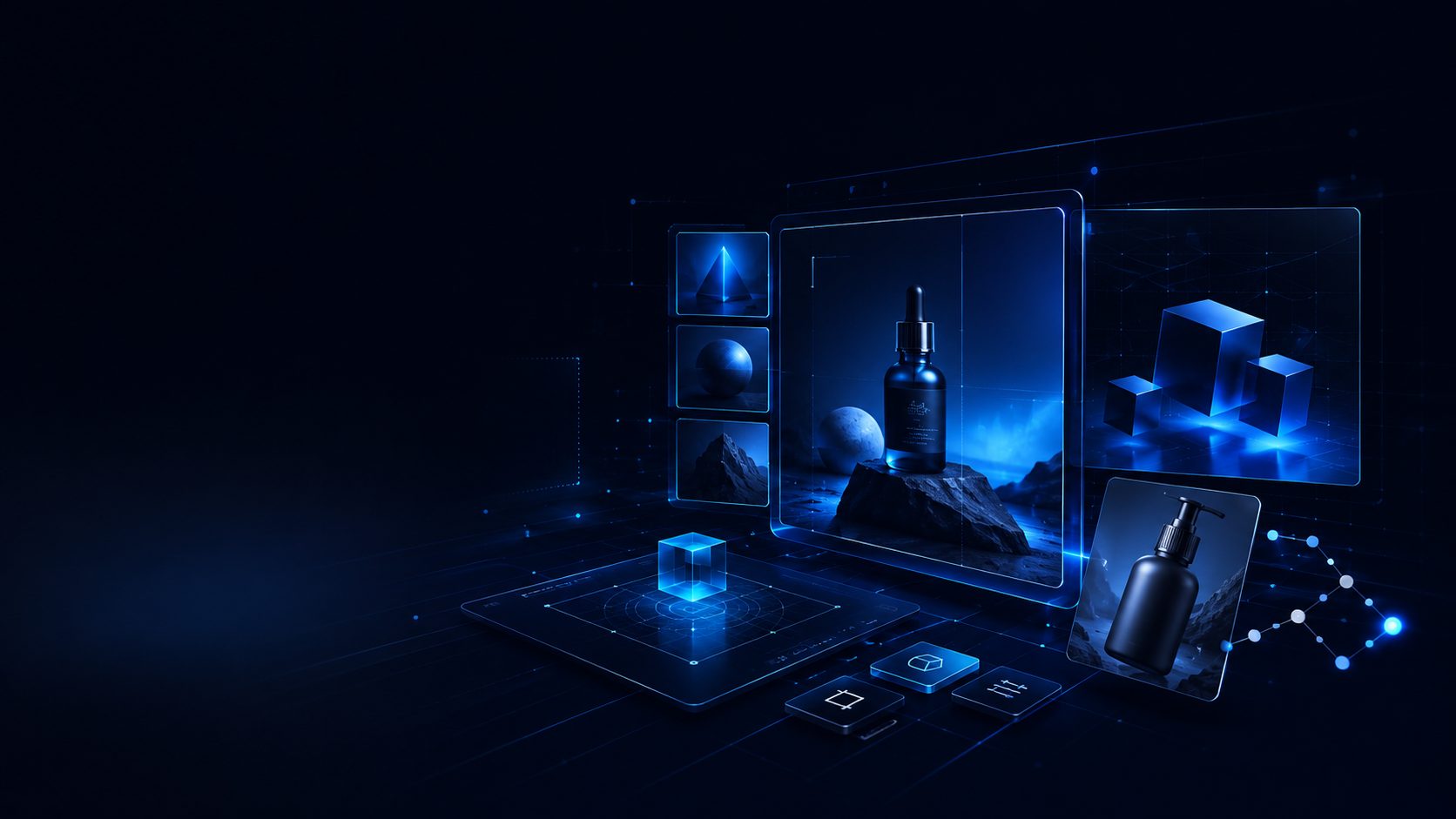 Abstract blue digital illustration representing AI-assisted visual concepts and product visuals.