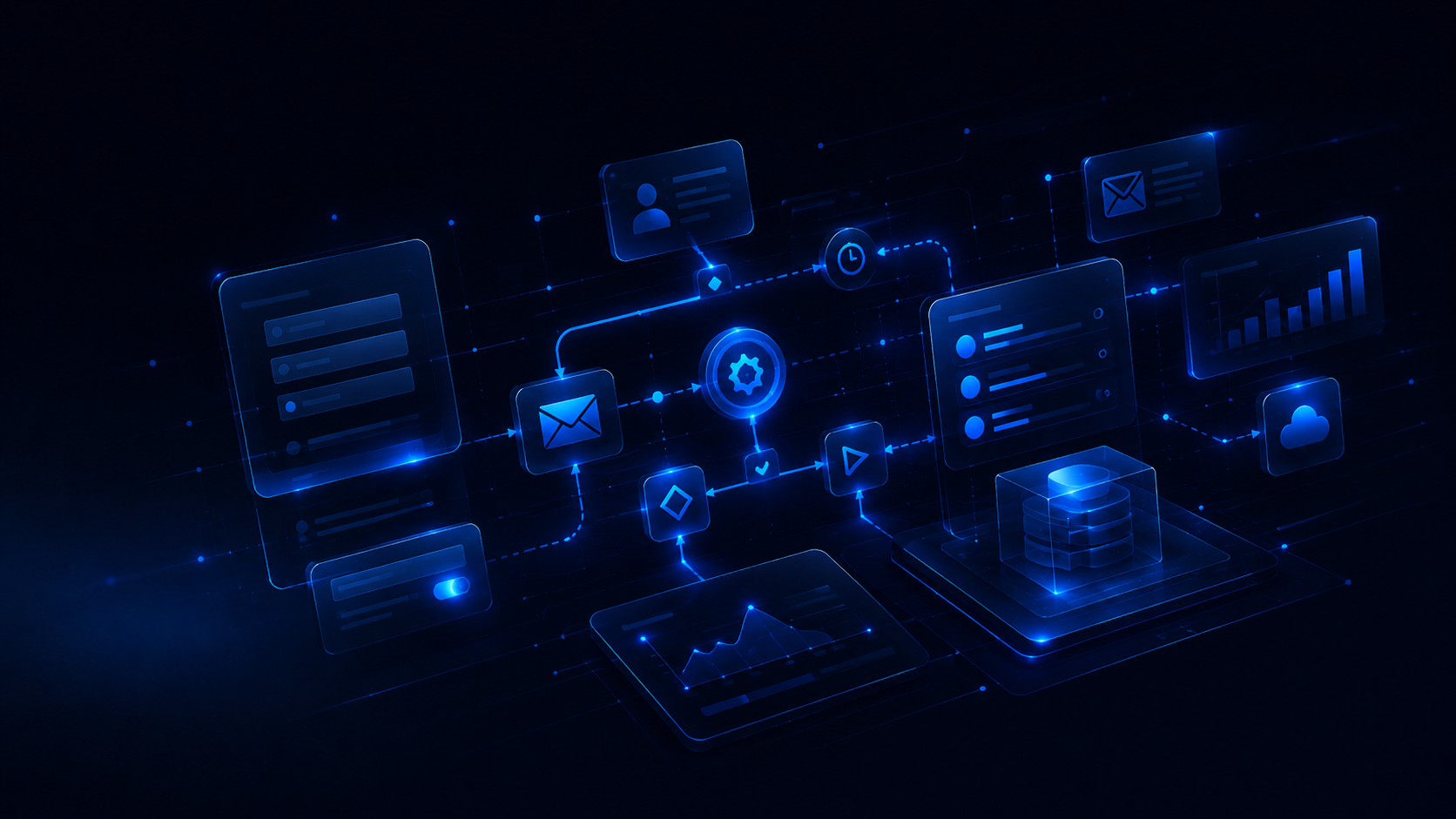 Abstract blue workflow illustration showing connected automation nodes, forms, emails and business data.